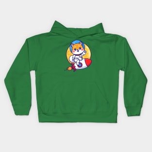 Cute Shiba Inu Astronaut Riding Rocket In Moon Space Cartoon Kids Hoodie